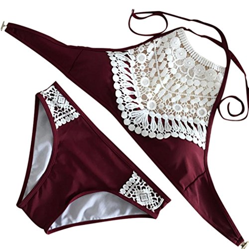 WM & MW Women Bathing Set Push-up Padded Bra Sexy Lace Splice Bikini Tops Swimsuit Set Beachwear Swimwear (Asian:Small, Wine)