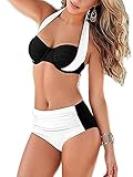 Vilania Women Swimwear Elegant Vintage Push up High Waisted Bikini Swimsuits Two Piece Bathing Suit Set With Halter Top And Bottoms White,TXZ9013-White-M