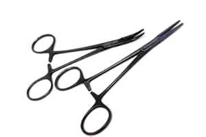 Pair of Two Multipurpose Mosquito Hemostat Locking Forceps with Curved + Straight Serrated Jaw Comes in Black 5" Long Stainle