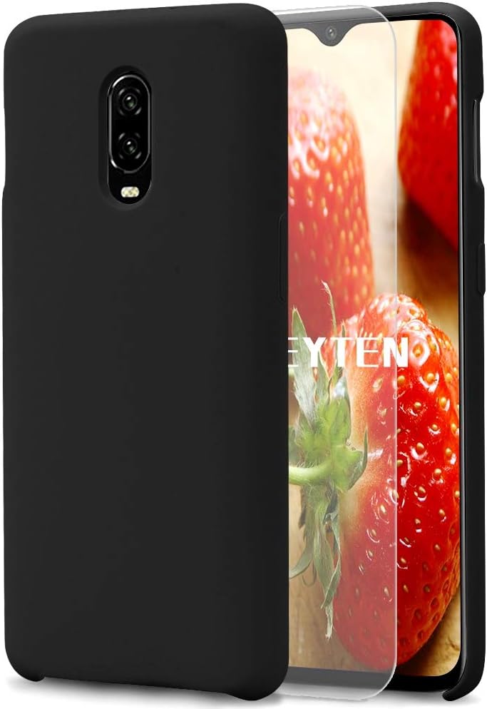 Fatcatparadise OnePlus 6T Case [with Free Tempered Screen Protector], Liquid Silicone Gel Rubber Soft Touch Cover Full Protective Case for OnePlus 6T (Black)