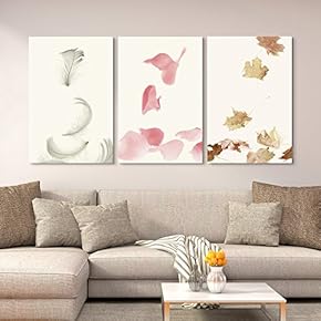 3 Panel Canvas Wall Art - Pink Flower Petals Feathers and Leaves - Giclee Print Gallery Wrap Modern Home Art Ready to Hang - 16"x24" x 3 Panels