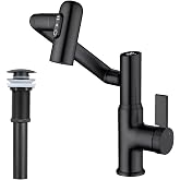 Lefton Rotatable Bathroom Faucet BF2204 with Pop-up Bathroom Sink Drain Stopper Without Overflow D01 (Contemporary, Matte Bla
