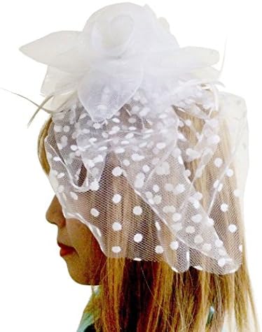 OWM Hair Clip Party Wedding Women's Vintage Flower Feather Mesh Hat Fascinator (White-Dot)