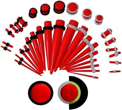 KingNQueen - 36 pc Set - Best Ear Stretching Tapers and Plugs Starter Kit - 00g to 14 gauges (1.6/2/2.5/3/4/5/6/8/10mm) - Stretch Earrings Men Jewelry (Red & EXTRA Glow in Dark O-Rings)