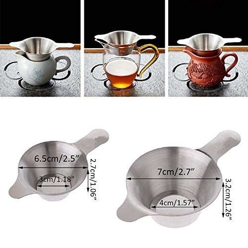 2pcs Different Size Stainless Steel Tea Coffee Strainer Fine Mesh Tea Funnel Leaf Filter with Double Handles, FDA Approved