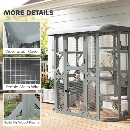 PawHut Catio Outdoor Cat Enclosure, 71" H Wooden Cat House with 5 Jumping Platforms, 2 Condos and Waterproof Cover, Walk-in Kitty Cage for 2–3 Kittens, Grey