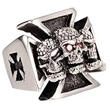 Triple Skulls Red Eyes Ball Iron Cross 316L Stainless Steel Mens's Cool Ring Punk Jewelry Sz 7-13