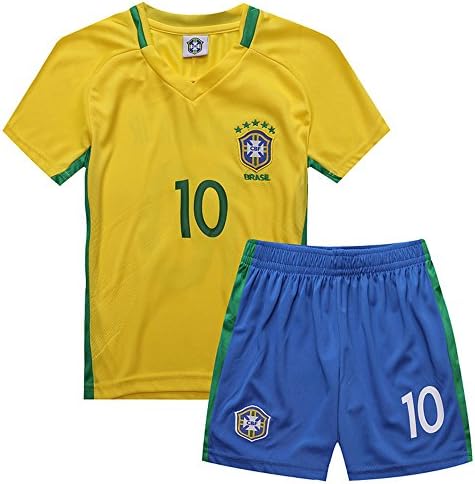 yuqier Brazil Soccer Team Neymar JR 10# Home 2018 World Cup Soccer Kids Boy 3-12 Years Team Suit Shorts (M)