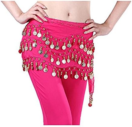 Kooyu Women Chiffon Belly Dancing Hip Scarf Wrap Belt Dangling 3 Rows Gold Coins (Rose Red)