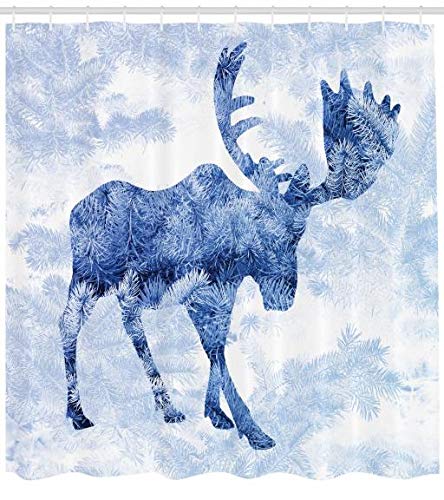 ABAKUHAUS Moose Shower Curtain, Pattern Pine Needles Spruce Tree Antlers Deer Family Snow Winter Horns, Cloth Fabric Bathroom Decor Set with Hooks, 78" Inches, Violet Blue