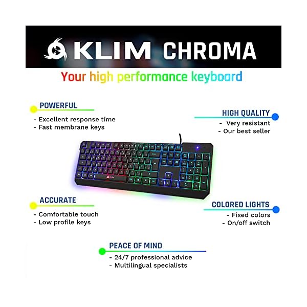 KLIM-Chroma-Gaming-Keyboard-UK-Layout-Slim-Durable-Ergonomic-Quiet-Waterproof-Silent-Keys-USB-Wired-Backlit-Keyboard-for-Laptop-PC-Mac-Gamer-PS4-keyboard-NEW-2021-VERSION-Black KLIM Chroma Gaming Keyboard Wired USB - NEW 2023 - Durable Ergonomic Waterproof Silent Keyboard - 2 ms Response Time…