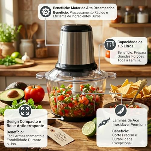 Multiprocessador Elétrico 2L Triturador de Carne Alho Cebola e Legumes com Lâminas em Aço Inox Processador de Alimentos Multifuncional para Cozinha