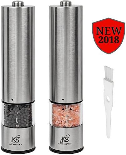 Kitchen Space Electric Salt and Pepper Grinder Set (Pack of 2 Mills) - Stainless steel | Automatic Battery Operated | LED Light | Adjustable Coarseness