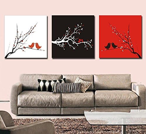 yozhohoo 3 Panel Black White And Red Modern Abstract Art Flower Trees Picture Painting on Canvas Print Without Framed Love Birds Romance Wall Art Home Decorations
