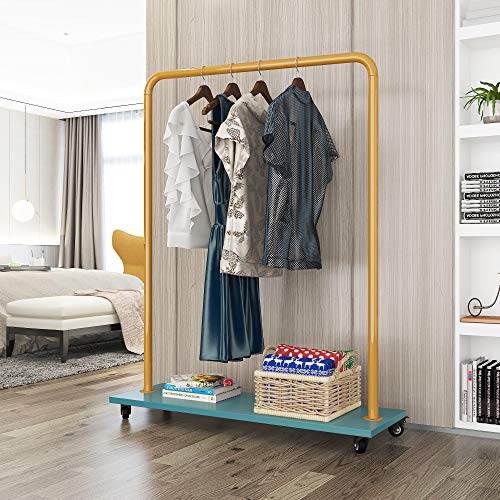 HOME BI Industrial Pipe Clothing Rack, Heavy Duty Garment Rack for Laundry Room,Rolling Clothes Rack with Shelf，Lockable Wheels,Blue - Thumbnail 2