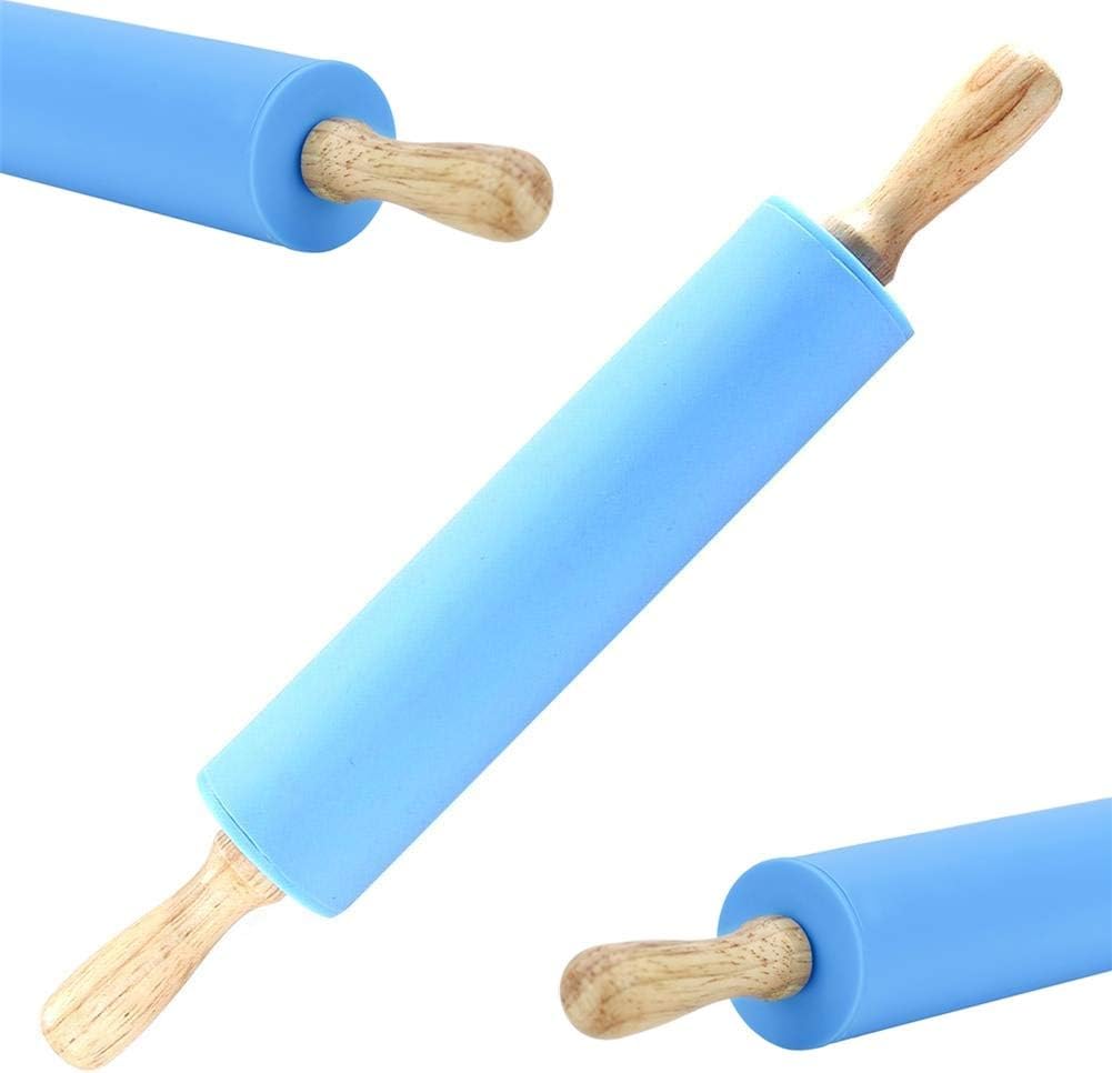 Unibell Large Wooden Handle Revolving Non-Stick Silicone Rolling Pin Dough Pastry Baking Tool (Blue)