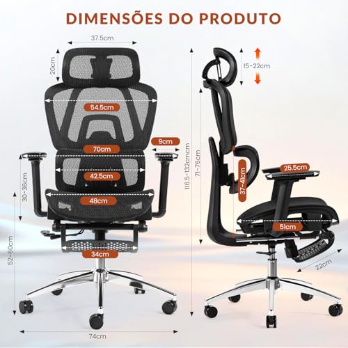 Cadeira Ergonomica,Cadeira Escritorio FivDaily L780, Giratória Reclinável 145°, Encosto Elevável Ajustável, Lombar Flutuante, Cabeça 8D, Braços 5D, Base Aço, Apoio para Pés para Home Office (Preto)