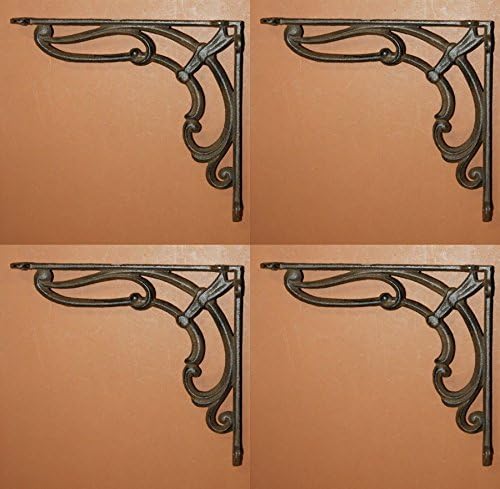 Antique-Look Art Deco Design Shelf Brackets Cast Iron Rustic Brown Finish, 9+ inches, B-41 Set of 4