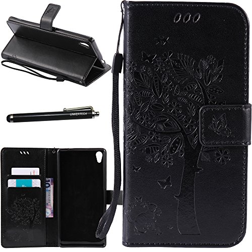 Xperia XA Ultra Case, Linkertech [Card Slots & Wrist Strap] PU Leather Wallet Flip Pouch Case with Foldable Cover and Kickstand Feature for Sony Xperia XA Ultra / Xperia C6 (Black)