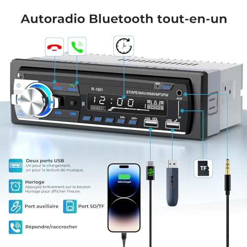 RDS Bluetooth Car Radio, CENXINY Bluetooth Car Radio, FM Car Radio, 1 DIN, 2USB, Charge 2.1 A, Aux-in, Micro SD Support iOS, Android
