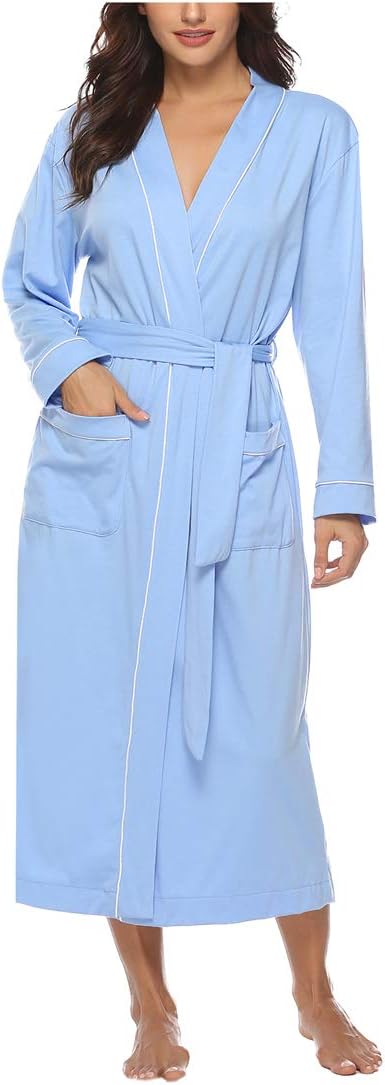 SykooriaWomens Lightweight Cotton Knit V Neck Long Kimono Robes Bathrobe Soft Sleepwear Loungewear Pocket Dressing Gown for Women