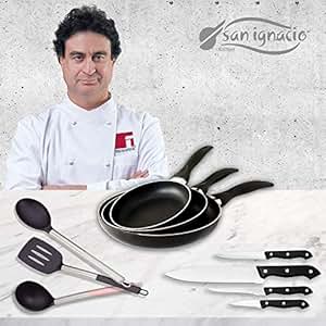 San Ignacio Navy Black Set 3 sartenes + 4 Cuchillos + 3 Utensilios, Aluminio Prensado