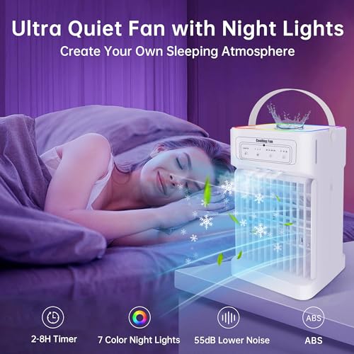 Portable Air Conditioner Cooling Fan, 1100ML Air Conditioning Unit with 3 Wind Speeds, Personal Air Cooler Fan with 7 LED Light, 2-8 Adjustable Timer, 3 Cool Mist Modes Ice Fan for Bedroom Car Office