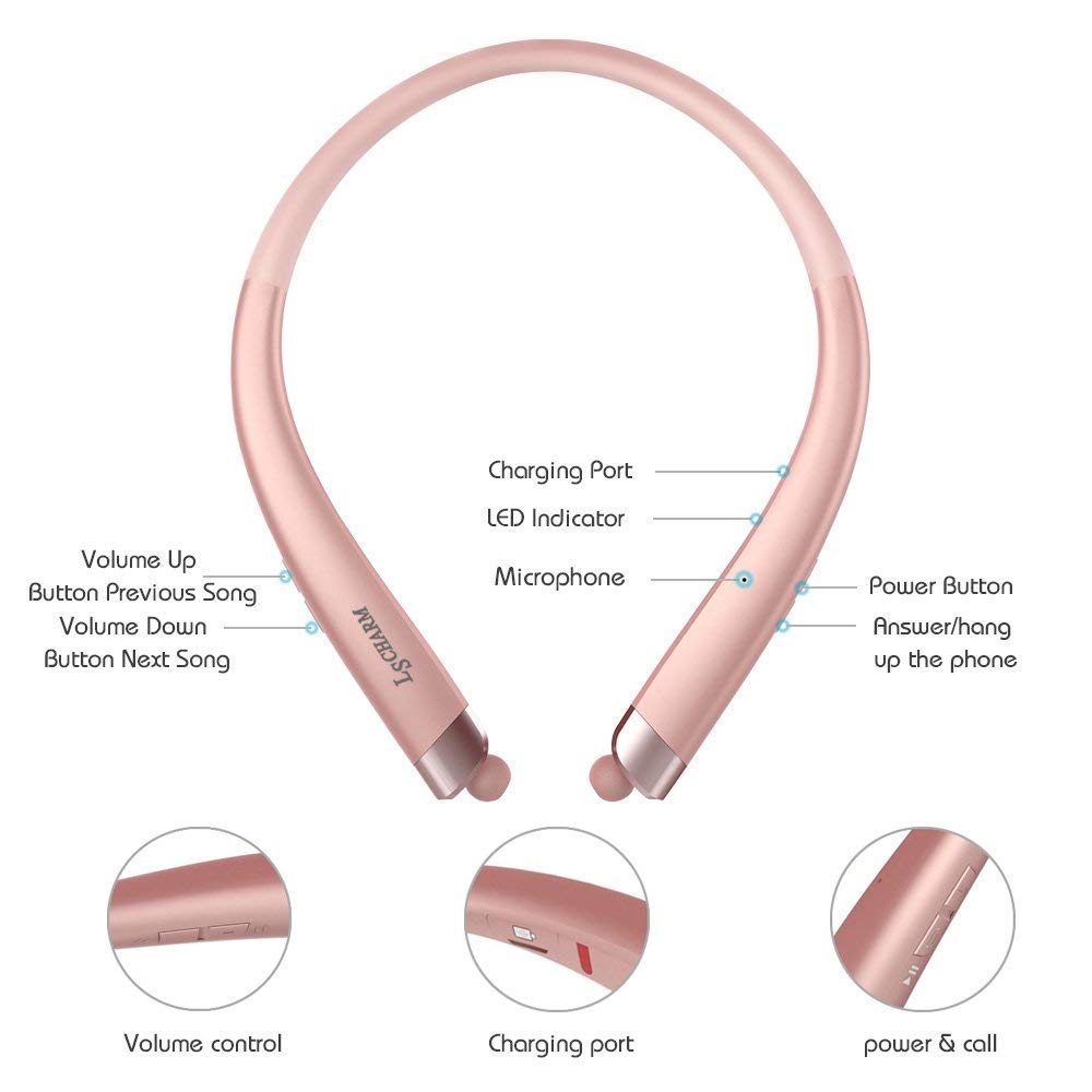 Bluetooth Headphones Retractable, LSCHARM Sport Wireless Stereo Neckband Headset Retractable Earbuds Noise Cancelling with Mic (Rose Gold)