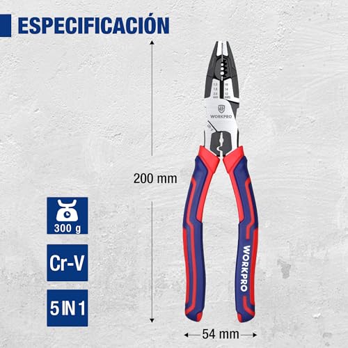 WORKPRO Universal Pliers, 5 in 1 Multifunctional Pliers with Wire Stripper, Wire Cutter, Professional Wire Stripper, Chrome Vanadium Steel, with Non-Slip Handle | Multifunctional Chrome Vanadium Steel Pliers with Wire Stripper, Cutter and Non-Slip Handle for Electricians