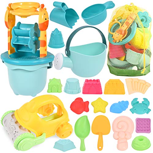 GOLDGE Sand Toy Set, 29 Pieces, Colourful Beach Toy, Sand Toy Set with Car Bucket, Castle Shapes, Mesh Bag, Water Toy for Boys and Girls