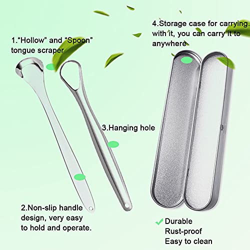 Tongue Scraper Cleaner (Pack of 2) Stainless Steel Tongue Scraper with Carry Case Tongue Scraping Brush for Oral Hygiene Care Fresh Breath (Silver)