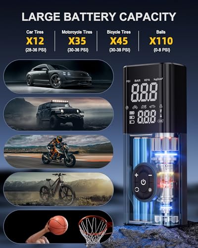 Tire Inflator Portable Air Compressor, 180PSI Air Compressor for Car, 6X Faster Air Pump with Digital Pressure Gauge, Tire Pump with Dual Mode Inflation for Car, Motorcycle, Bike and Ball
