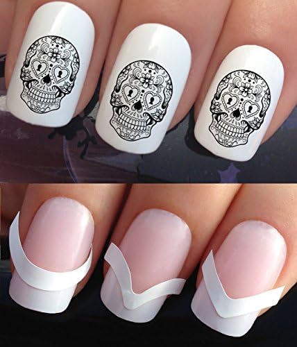 NAIL DECALS WATER TRANSFERS STICKERS TATTOO ART SET #319 &amp; 172. **plus x48 nail tip guides!!** x24 MEXICAN SUGAR SKULL DAY OF THE DEAD TATTOO WRAPS &amp; x48 FRENCH MANICURE TIP GUIDES! CAN BE USED WITH NATURAL GEL ACRYLIC STICK ON NAILS! OR WITH GLITTER DUST CAVIAR BEADS ALLOYS DECORATIONS CONFETTI FIMO SHAPES TAPE PENS RHINESTONES!