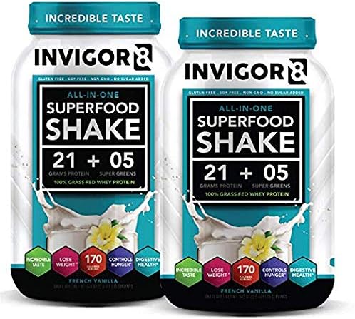INVIGOR8 Superfood Shake Gluten-Free and Non GMO Meal Replacement Grass-Fed Whey Protein Shake with Probiotics and Omega 3 (645g) โฆ (2-Pk Vanilla (Save 15))