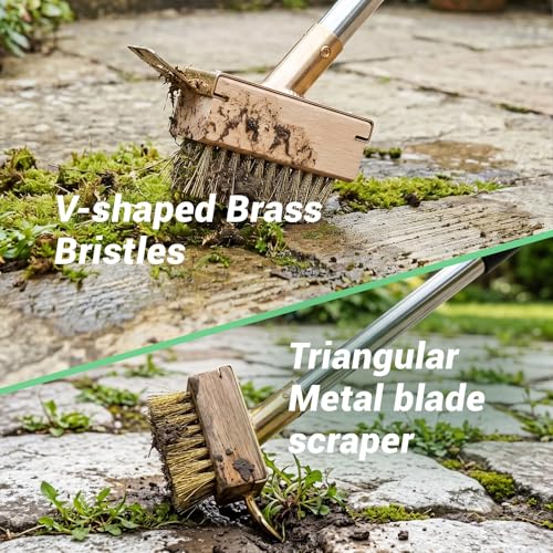 Kosmoflux Weed Remover Tool for Block Paving, 1-Sec Quick Release Weeding Tool with 63" Long Handle, 4-in-1 Scraper Axe & Metal Wire Brush Set for Garden Patio Driveway Crack Moss Removal