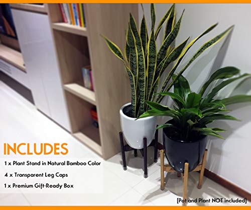Extendable Mid Century Modern Plant Stand for Pot Sizes 8" to 12" in Natural Bamboo Color | Protective Leg Caps | Great Wood Planter Stands for Indoor and Outdoor | EXCLUDE Ceramic Pot and Plant