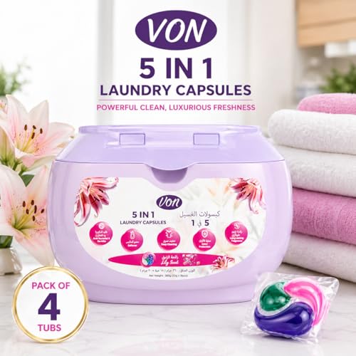 VON 5 in 1 Laundry Pods 18 Count Pack of 4 – 72 Pods Total | Powerful Laundry Detergent Liquid Capsules with Deep Clean, Stain Removal, Softener, Color Protection & Long Lasting Lily Scent Freshness