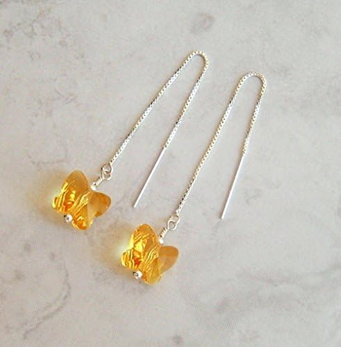 Sunflower Yellow Butterfly Sterling Silver Ear Thread Earrings Made w/ Swarovski Crystals Gift Idea