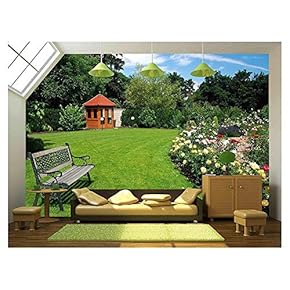 Beautiful Garden with Blooming Roses, Brick Path, Bench and a Small Gazebo - Removable Wall Mural | Self-Adhesive Large Wallpaper - 66x96 inches