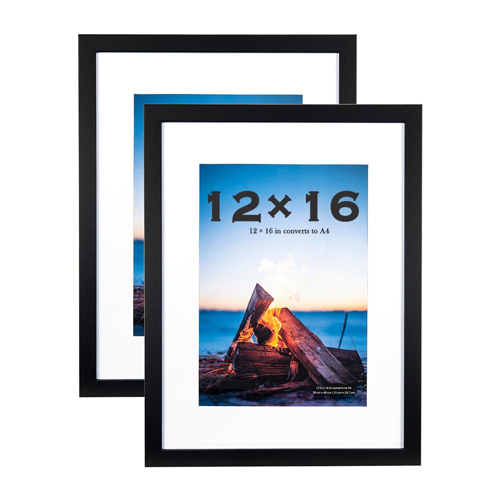 Black Wooden Picture Frame 12x16 with Mount for A4 print, Set of 2,12x16 Inch, 30x40cm Poster Frame,Wall Mountable.30 x 40cm picture frame