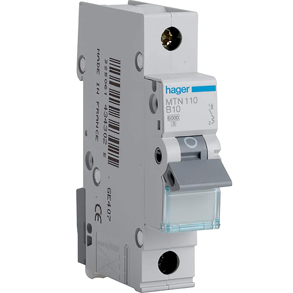 Hager MTN110 Miniature Circuit Breaker, 1 Pole, 1 Module, Type B, 6 kA Breaking Capacity, 10 A Current