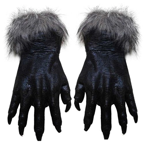 AUCH Werewolf Hands Wolf Adult Gloves with Fur for Halloween Masquerade(Black)