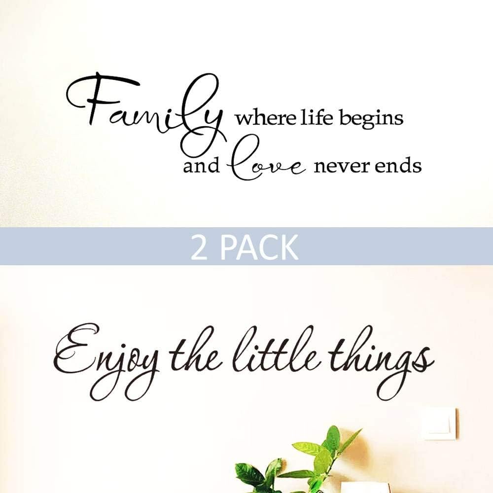 2 Pack Wall Stickers Quotes Wall Decal Removable for Livingroom and Bedroom,Family Where Life Begins and Love Never Ends,Enjoy The Little Things