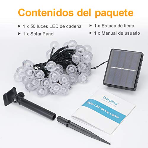 bedee Luces de Cuerda Solar 50 LED 7 Metros Luces solares de Patio con 8 Modos, Luces de Cuerda de Bola de Cristal Impermeable IP65 para Patio, Fiesta, Boda, decoración de Navidad (Blanco cálido)