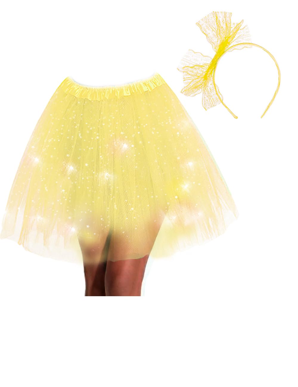 db11 Women's Tulle Tutu Skirt with Lace Bow Headband, Light Up Starry Sky Elastic Ballet Dance Skirt Fancy Dress Party Festival Costume for Party Halloween (Yellow)