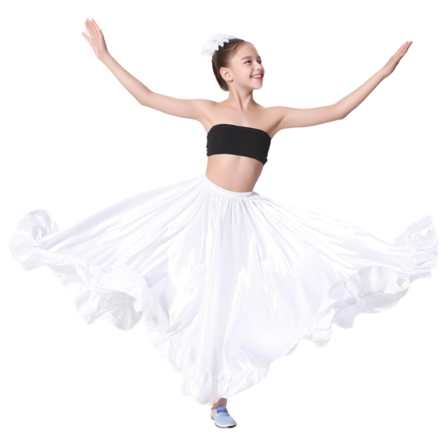 View 1 of Long Mexican Folklorico Dance Practice Performance Skirt for Girls (Height 4'6" to 5'1"), Ankle-Length Ruffle Style (US, Alpha, One Size, Regular, White)