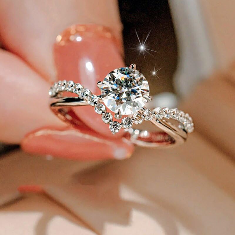 925 Sterling Silver Promise Ring Engagement Proposal Wedding Ring Fashion Four Claw Crown V Ring Princess Imitation Moissanite Ring Cocktail Ring Round Cut Cubic Zirconia Wedding Promise Ring（7）