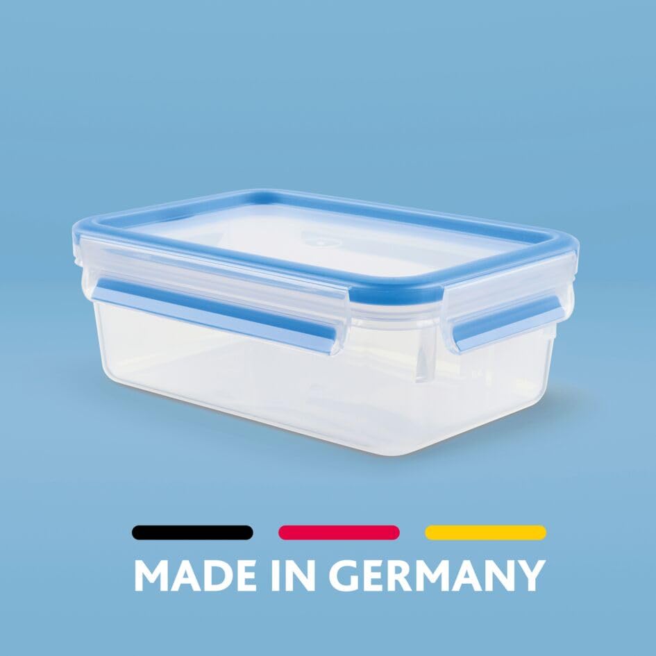 EMSA Clip & Close Frischhaltedosen-Set, rechteckig, 3 x 1 L, mit Deckel, Aufbewahrungsboxen, 100 Prozent dicht, spülmaschinen-, gefrier-, mikrowellenfest, Transparent, Blau, Made in Germany, N10313 6