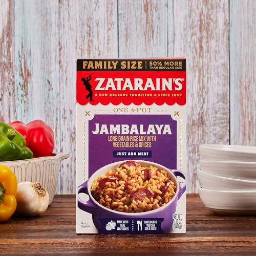 ZATARAIN’S RICE MIX, JAMBALAYA, FAMILY SIZE, LONG GRAIN RICE WITH ONIONS, BELL PEPPERS, GARLIC, PAPRIKA, AND RED PEPPERS, JUST ADD MEAT FOR EASY-PREP, NEW ORLEANS STYLE RICE MEAL, 12 OZ