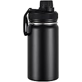 PCSCER Wide Mouth Insulated Sports Water Bottle,Double wall Stainless Steel Vacuum flask with Leakproof Lid (Black, 12 Ounces)
